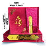Title Image Tajweedi Red Velvet Quran with box and Cap Attar Tasbih Bookmark Counter 855-4KVJ1-RED