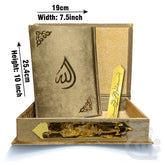 Title Image Gold Velvet Quran 7 Clr Kanzul Iman with Fancy box and Cap Attar Tasbih Bookmark Counter 11-7KVJ1-Gold