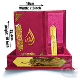 Title Image Red Velvet Quran with Special box and attar cap bookmark tasbih and counter 81KVJ1-Red
