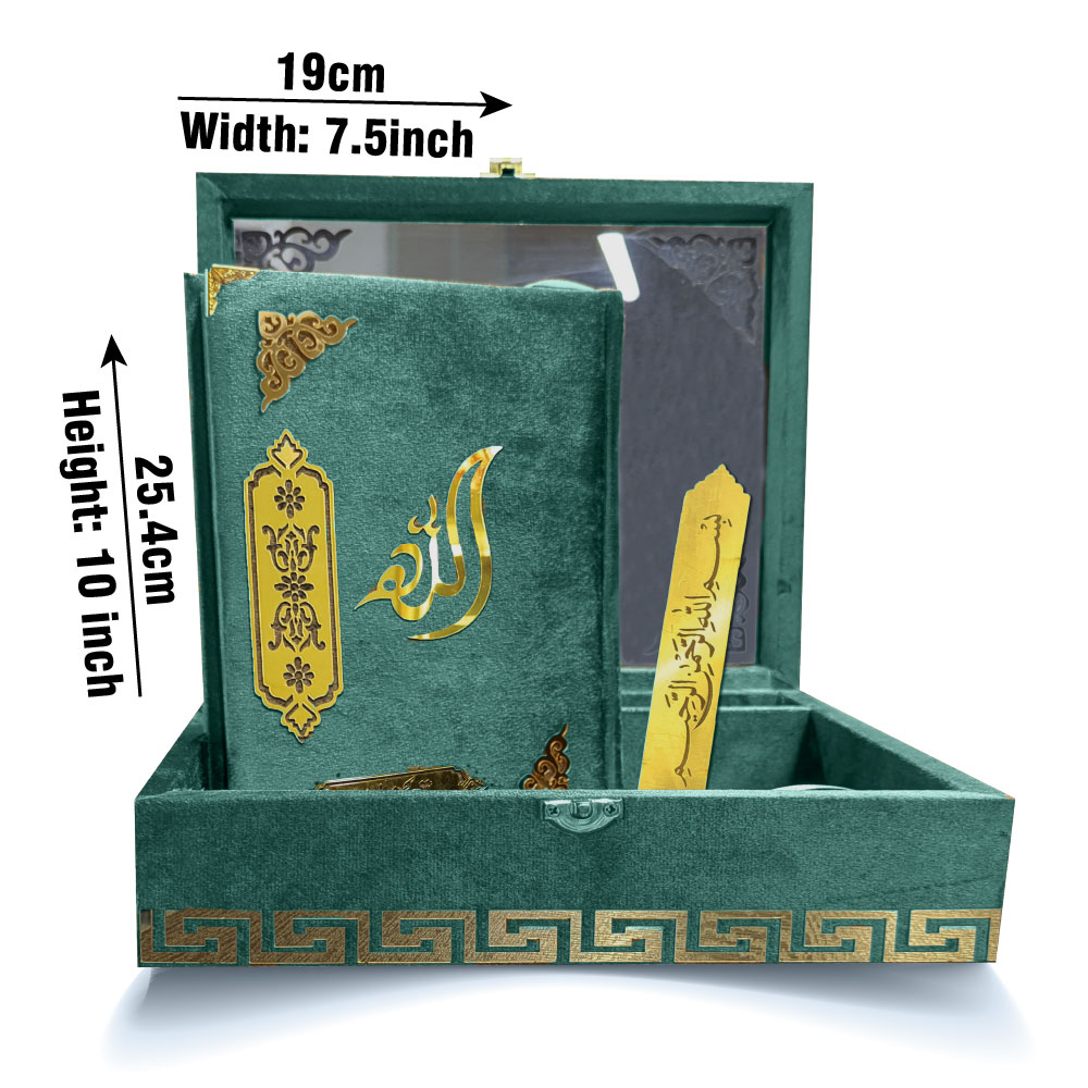 11KVJ2-GREEN Green Velvet Quran with Special box and attar cap bookmark tasbih and counter