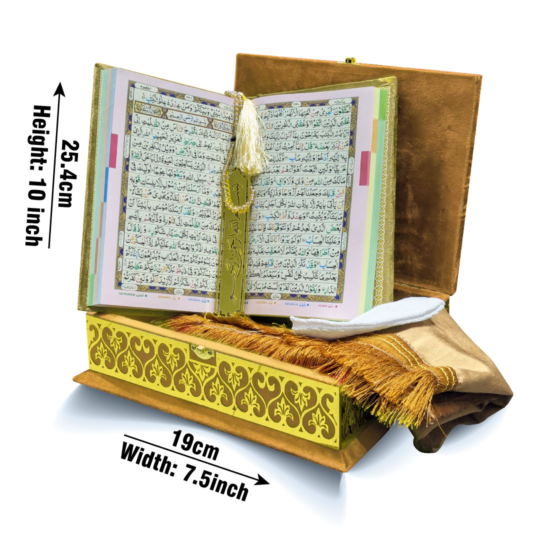 855-4KVJ4-Gold Tajweedi Gold Velvet Quran with Fancy box and Cap Attar Tasbih Bookmark Counter
