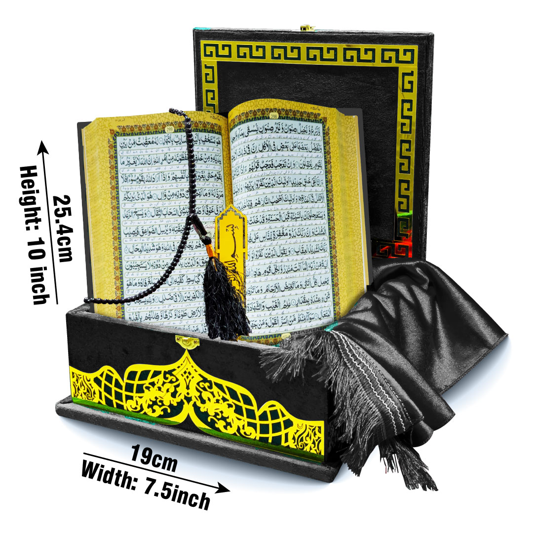 11-7KVJ3-Black Black Velvet Quran 7 Clr Kanzul Iman with Fancy box and Cap Attar Tasbih Bookmark Counter