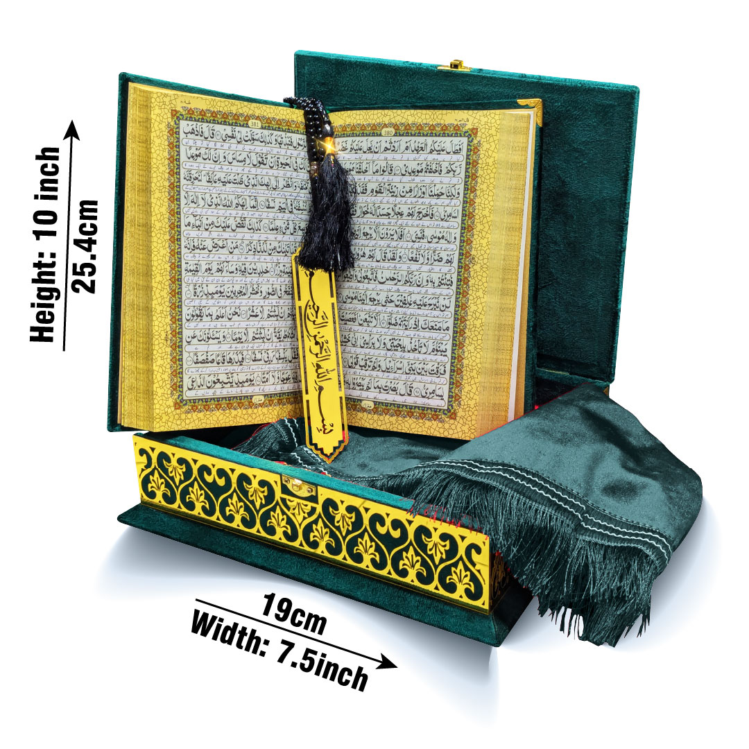 11-7KVJ4-Green Green Velvet Quran 7 Clr Kanzul Iman with Fancy box and Cap Attar Tasbih Bookmark Counter