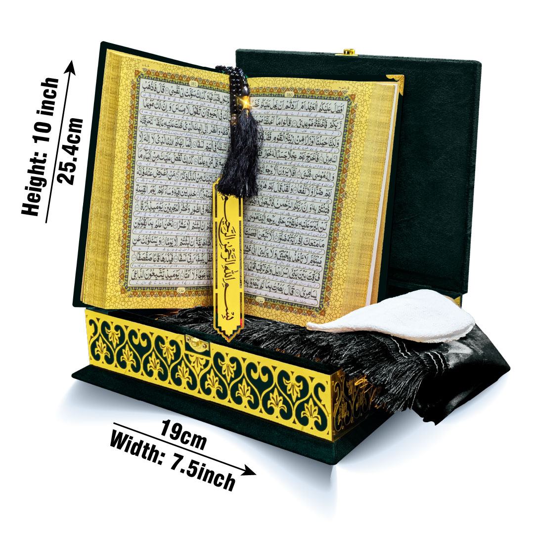 11-7KVJ4-Black Black Velvet Quran 7 Clr Kanzul Iman with Fancy box and Cap Attar Tasbih Bookmark Counter