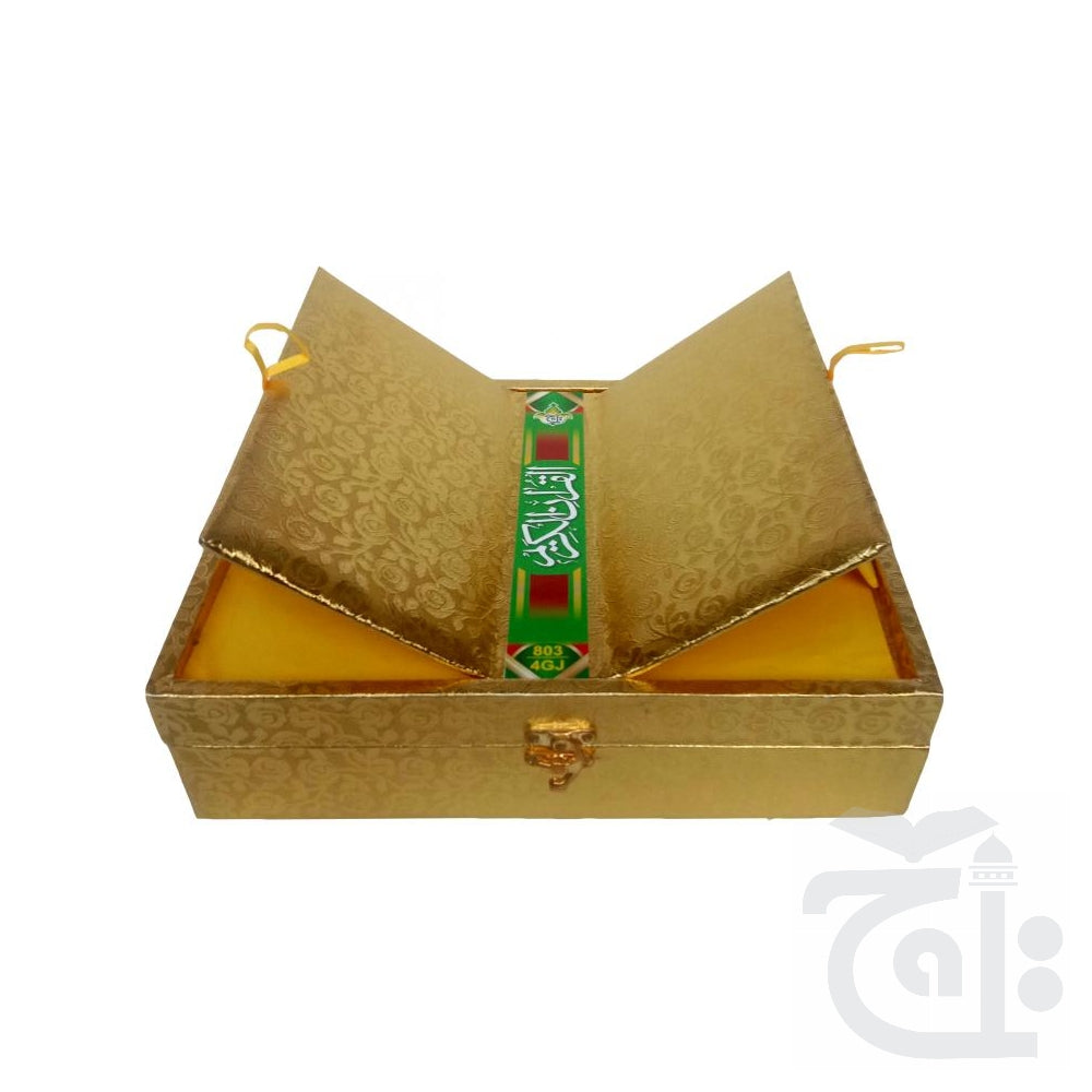 Title Image Gold Edge Quran 13 Line Tajweed Rules With Golden Box (Rehal Stand) - Golden Hardback - A4 Size Holy Koran - Taj Company Gift 803-4GJ