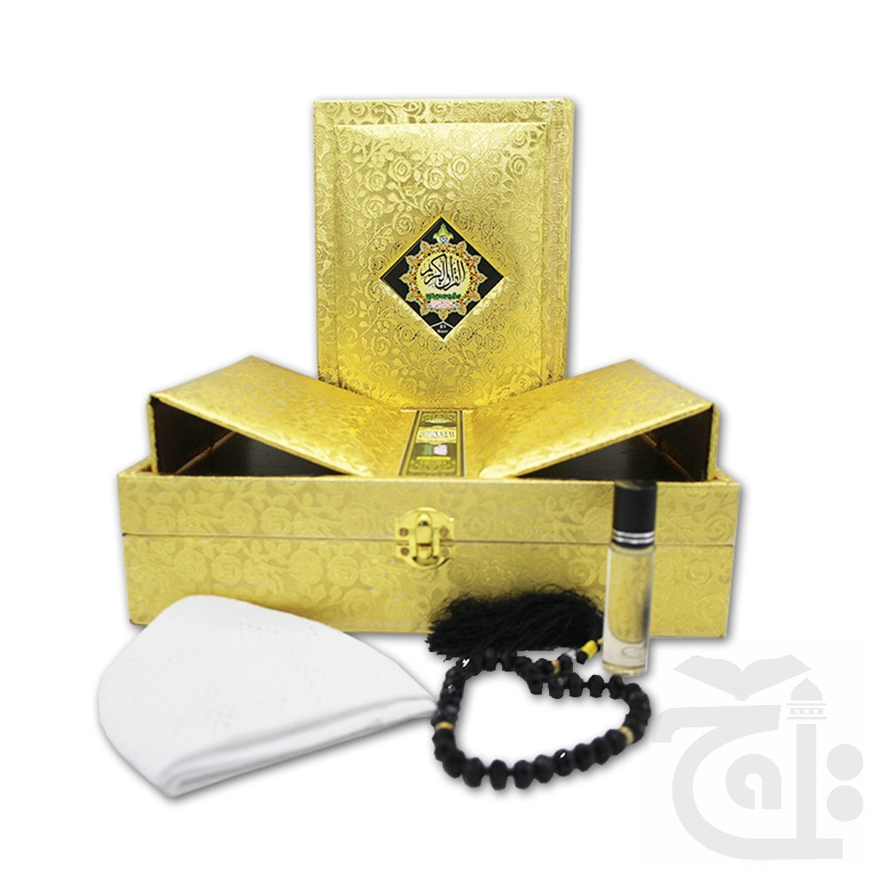 Title Image Special Edition  Al Quran Al Hakeem Gold Edge Quran With Beatiful Golden Box-Rahel (Tasbih - Prayer Cap - Ettar ) Urdu Translated Koran With Tafseer Muslim Eid Ramdan Gift 81Noor