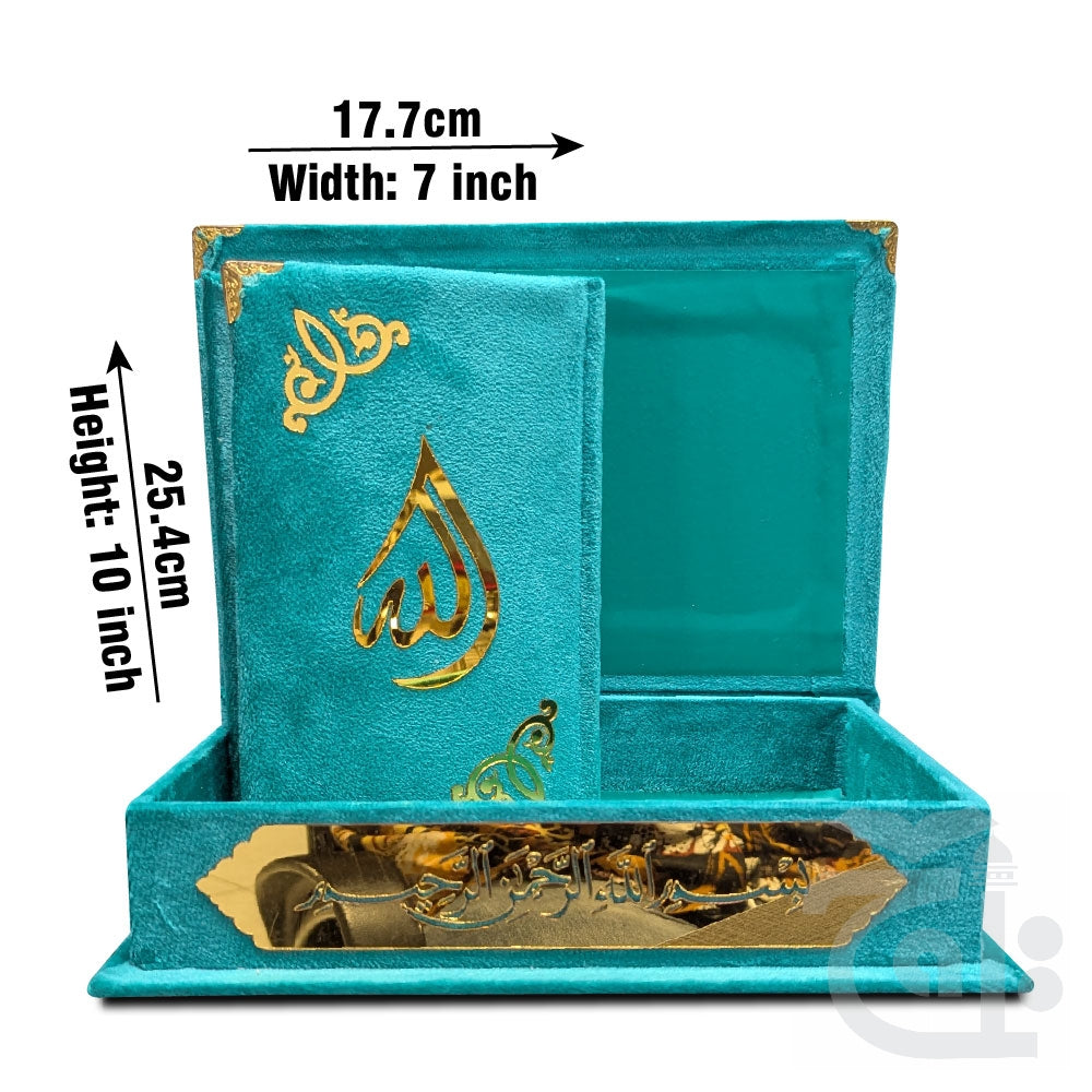 Title Image Holy Quran 13 Line Turquise Velvet Binding With Box 3UVB-Turquise