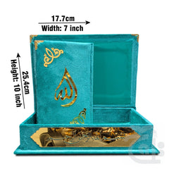 Title Image Holy Quran 13 Line Turquise Velvet Binding With Box 3UVB-Turquise