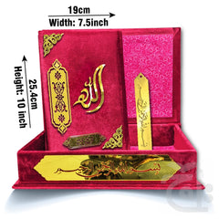 Title Image Gift Velvet Quran with box and attar cap bookmark tasbih and counter 11KVJ1-RED