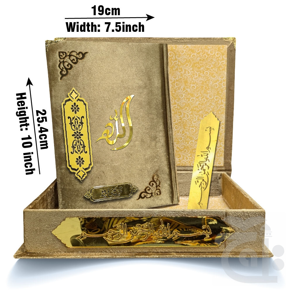 Title Image Gold Velvet Quran with box and attar cap bookmark tasbih and counter 11KVJ1-GOLD