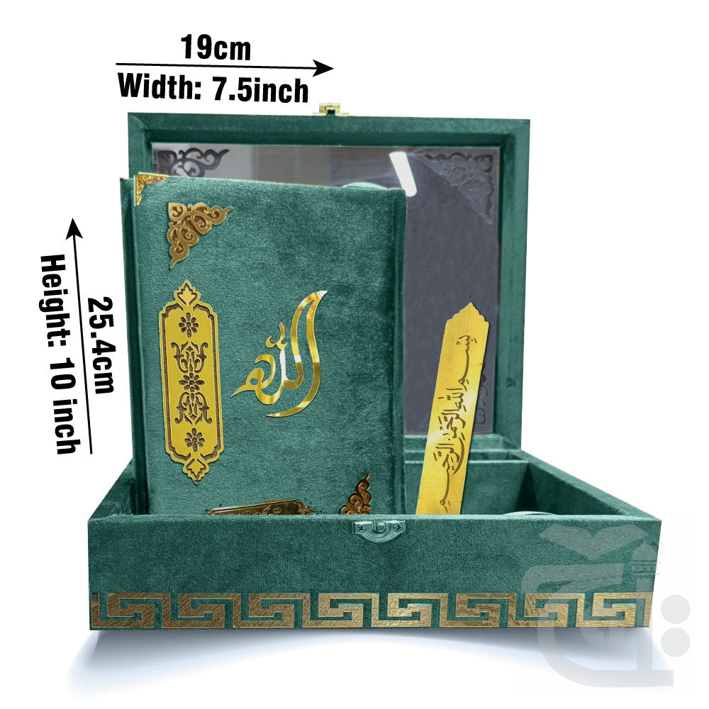 Title Image Green Velvet Quran with Special box and attar cap bookmark tasbih and counter 11KVJ2-GREEN