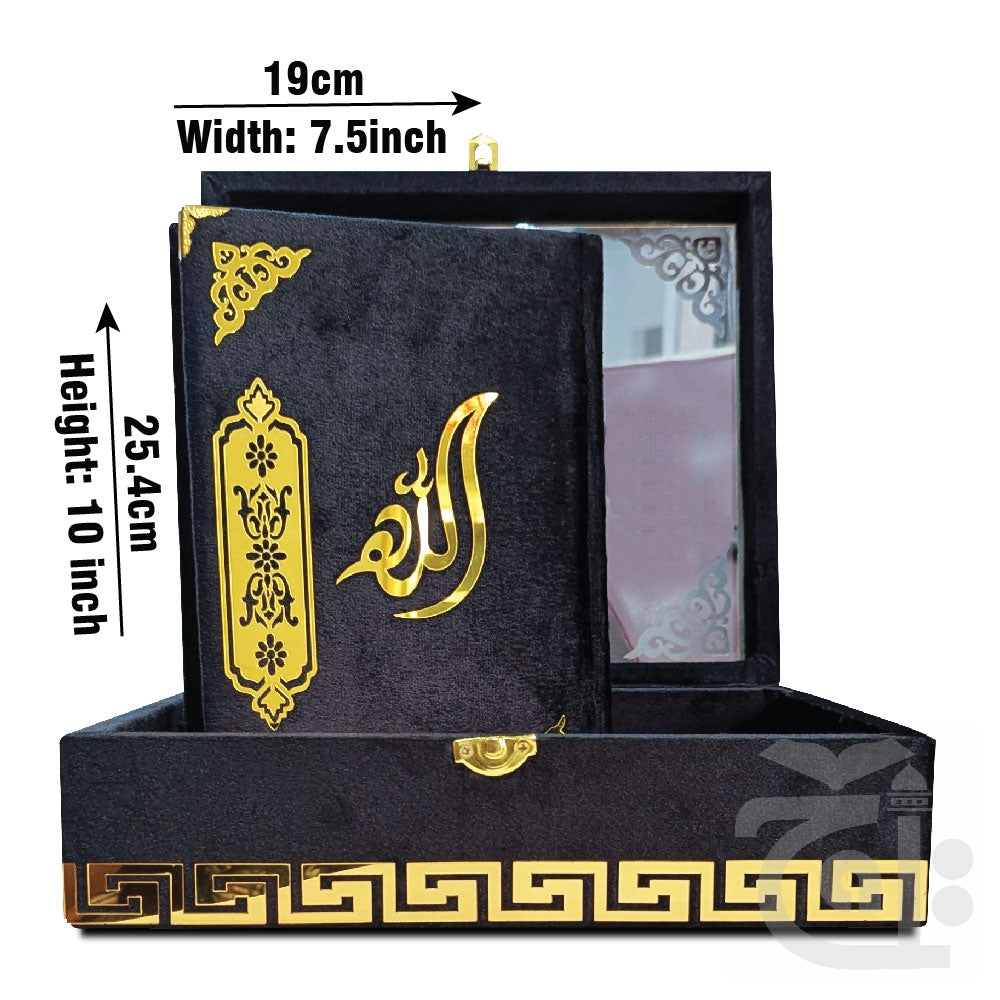 Title Image Black Velvet Quran with Special box and attar cap bookmark tasbih and counter 11KVJ2-BLACK