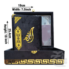 Title Image Black Velvet Quran with Special box and attar cap bookmark tasbih and counter 11KVJ2-BLACK