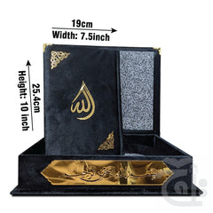 Title Image Tajweedi Black Velvet Quran with box and Cap Attar Tasbih Bookmark Counter 855-4KVJ1-BLACK