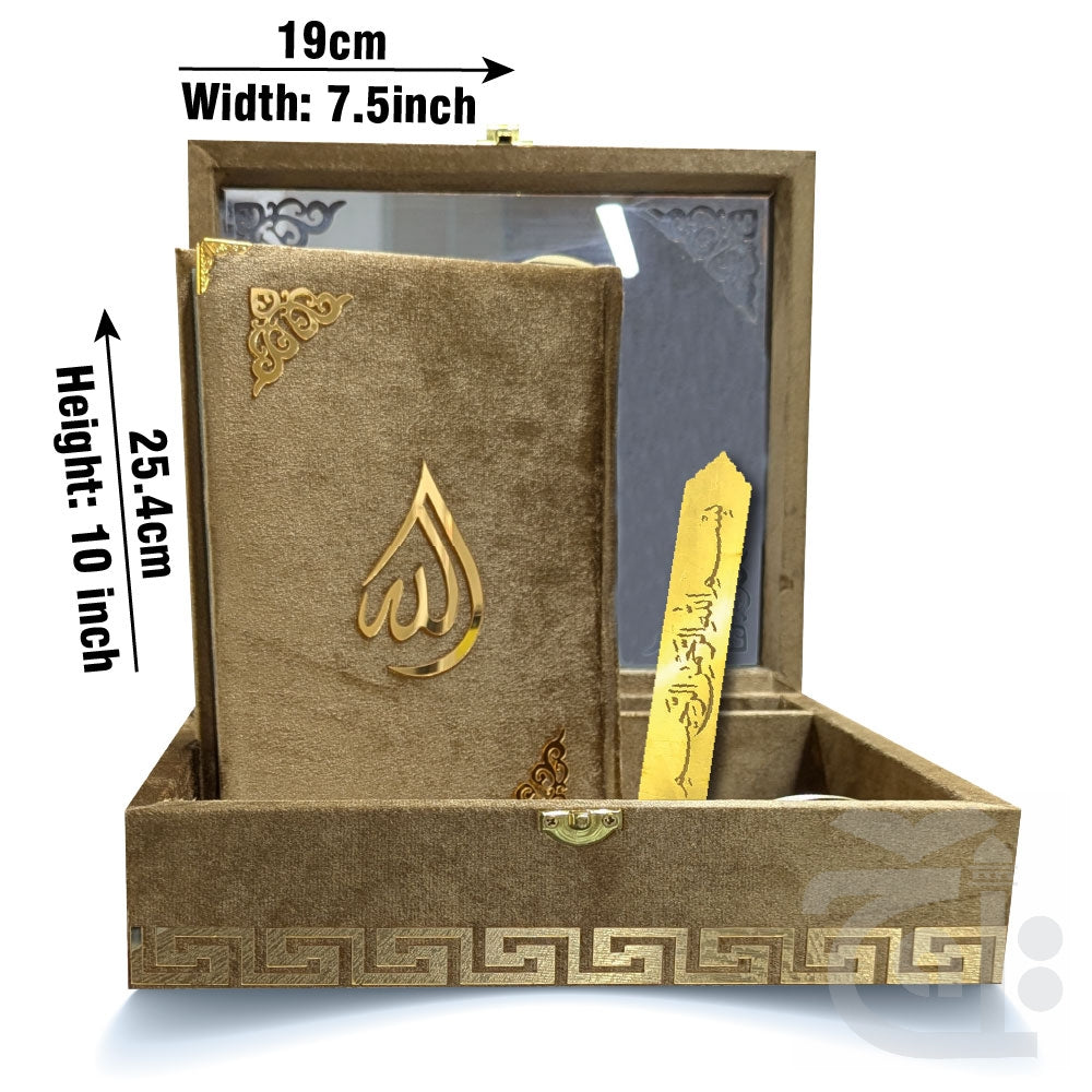 Title Image Tajweedi Gold Velvet Quran with Fancy box and Cap Attar Tasbih Bookmark Counter 855-4KVJ2-GOLD
