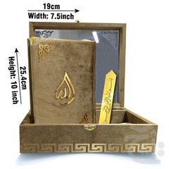 Title Image Tajweedi Gold Velvet Quran with Fancy box and Cap Attar Tasbih Bookmark Counter 855-4KVJ2-GOLD
