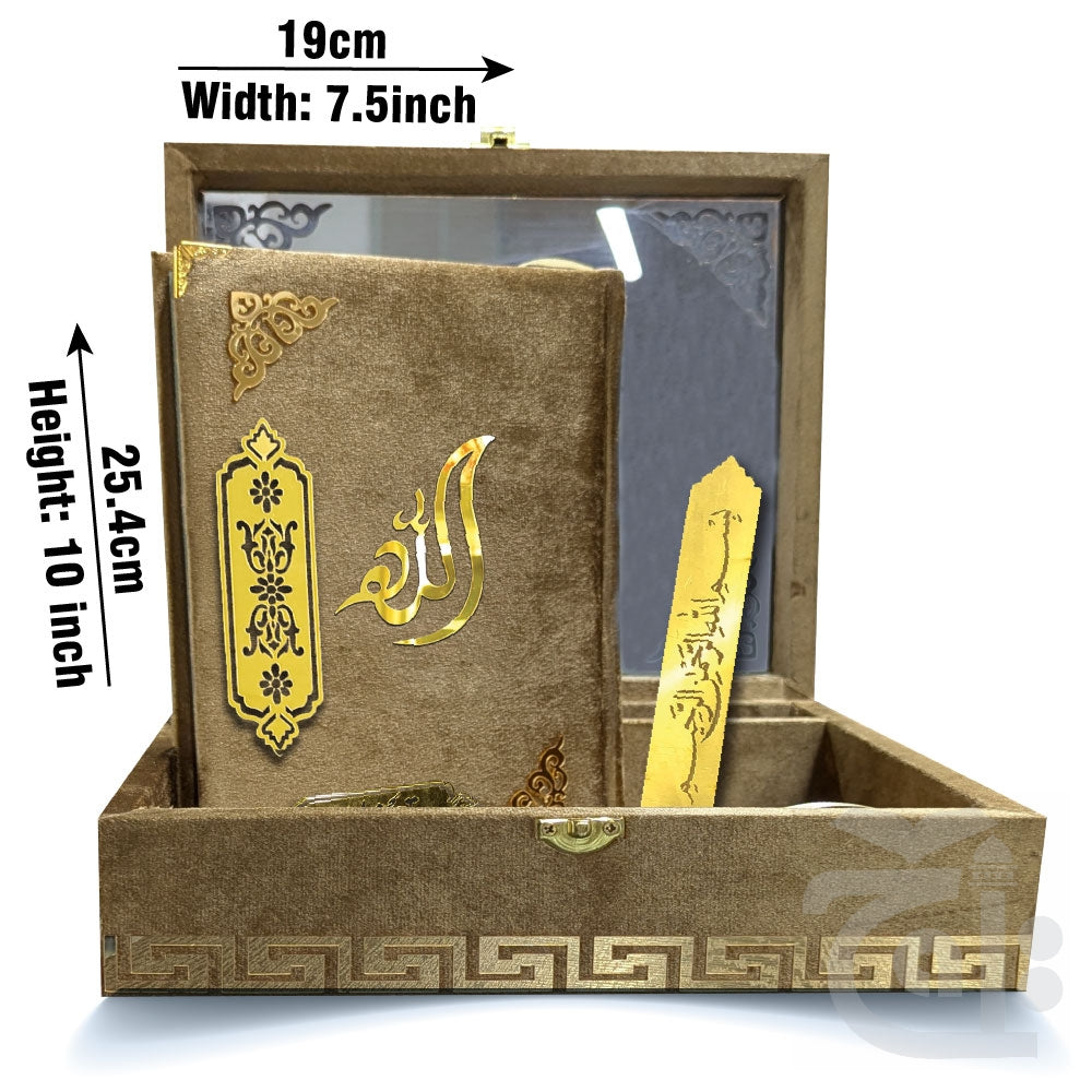 Title Image Gold Velvet Quran with Special box and attar cap bookmark tasbih and counter 11KVJ2-GOLD