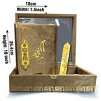 Title Image Gold Velvet Quran with Special box and attar cap bookmark tasbih and counter 11KVJ2-GOLD