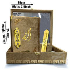 Title Image Gold Velvet Quran with Special box and attar cap bookmark tasbih and counter 11KVJ2-GOLD