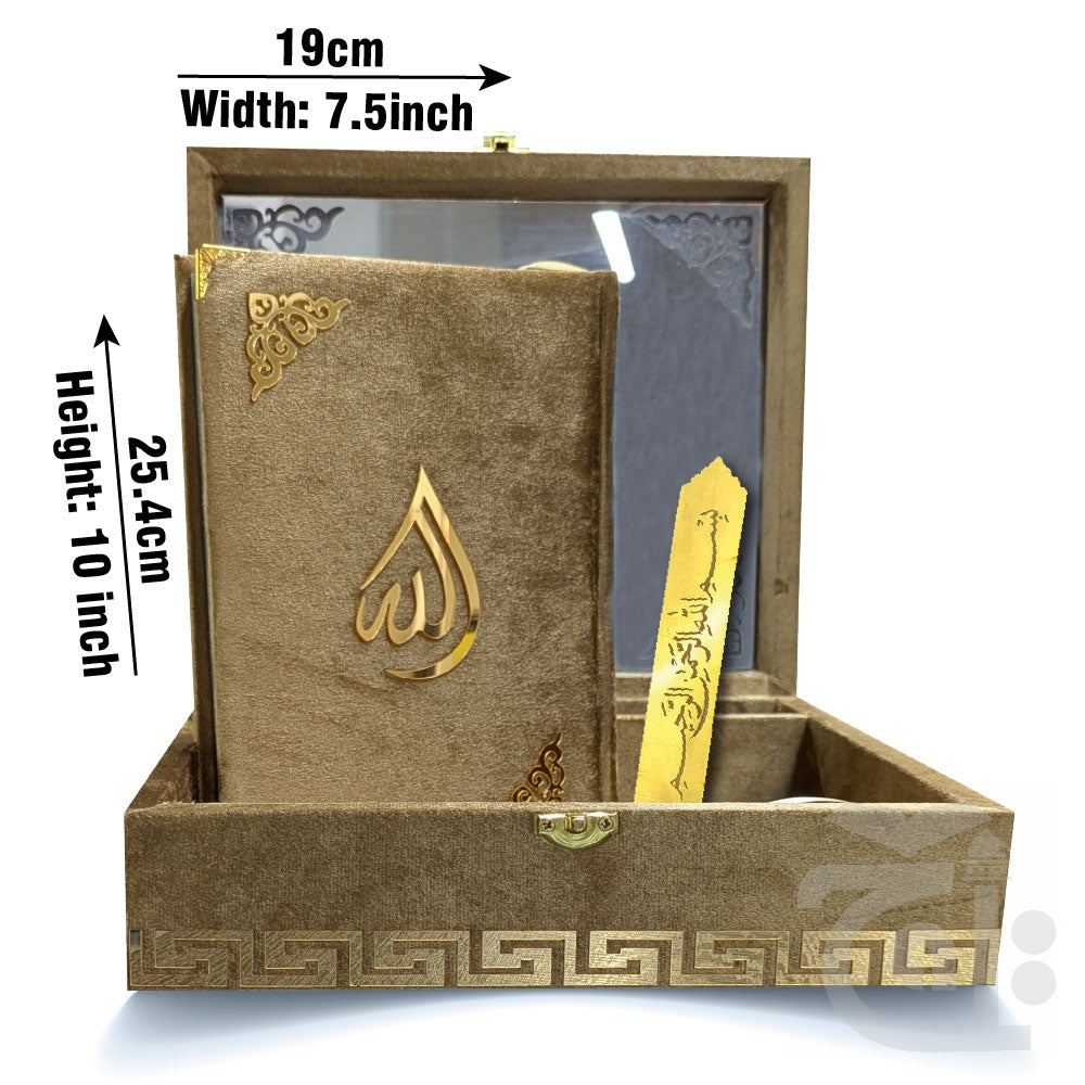 Title Image Green Velvet Quran 7 Clr Kanzul Iman with Fancy box and Cap Attar Tasbih Bookmark Counter 11-7KVJ2-Gold