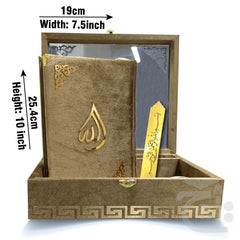 Title Image Green Velvet Quran 7 Clr Kanzul Iman with Fancy box and Cap Attar Tasbih Bookmark Counter 11-7KVJ2-Gold