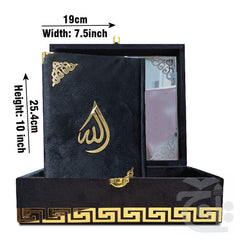 Title Image Black Velvet Quran 7 Clr Kanzul Iman with Fancy box and Cap Attar Tasbih Bookmark Counter 11-7KVJ2-Black