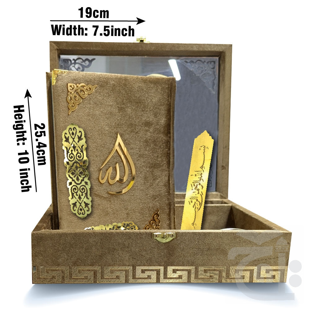 Title Image Gold Velvet Quran with Special box and attar cap bookmark tasbih and counter 81KVJ2-Gold