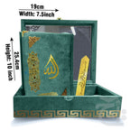 Title Image Green Velvet Quran with Special box and attar cap bookmark tasbih and counter 81KVJ2-Green