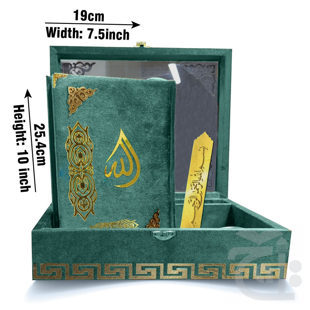 Title Image Green Velvet Quran with Special box and attar cap bookmark tasbih and counter 81KVJ2-Green