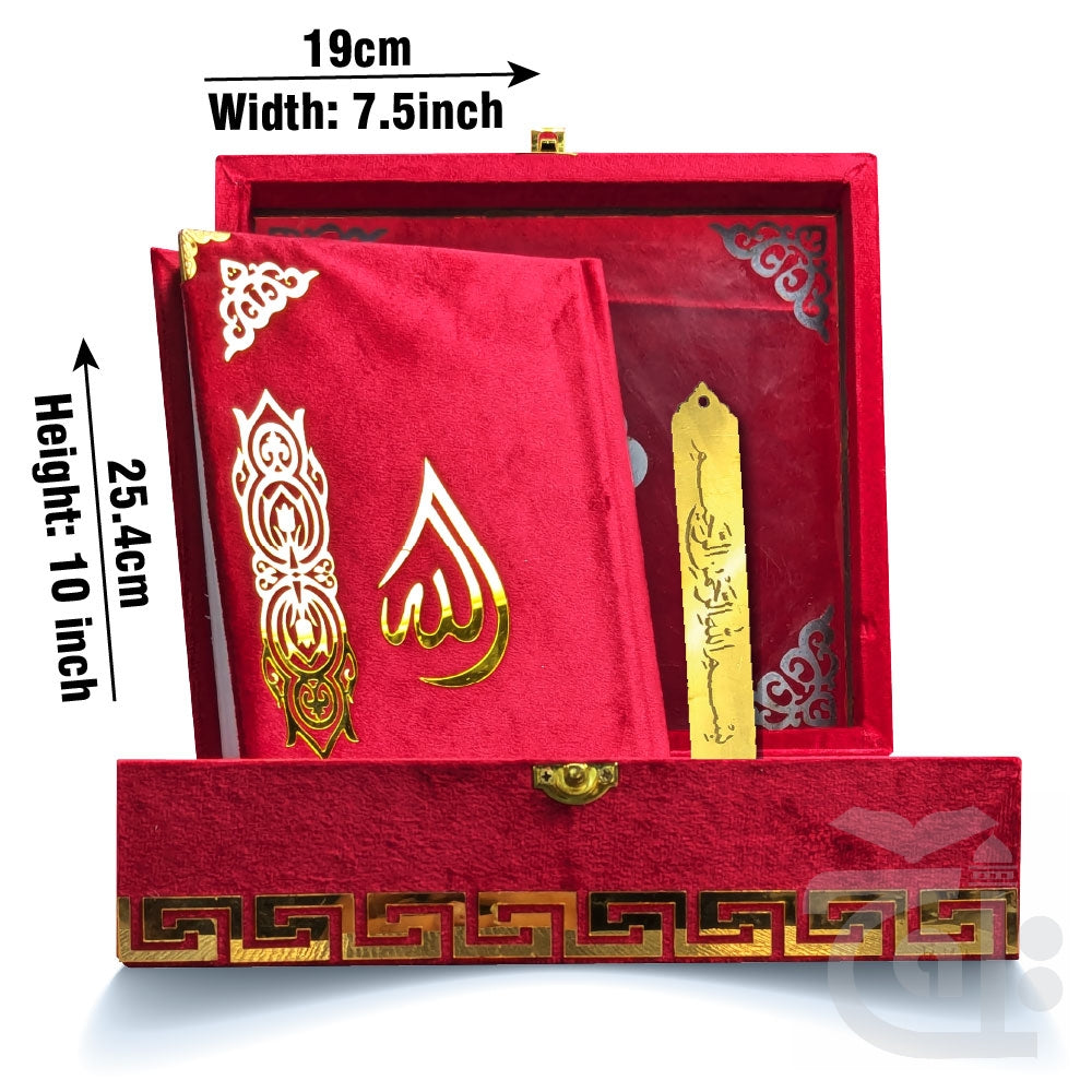 Title Image Red Velvet Quran with Special box and attar cap bookmark tasbih and counter 81KVJ2-Red