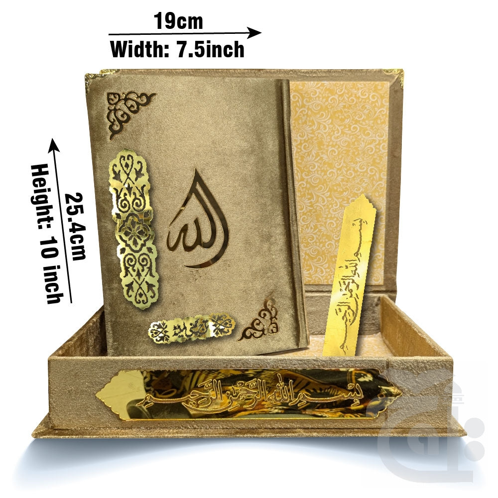Title Image Gold Velvet Quran with Special box and attar cap bookmark tasbih and counter 81KVJ1-Gold