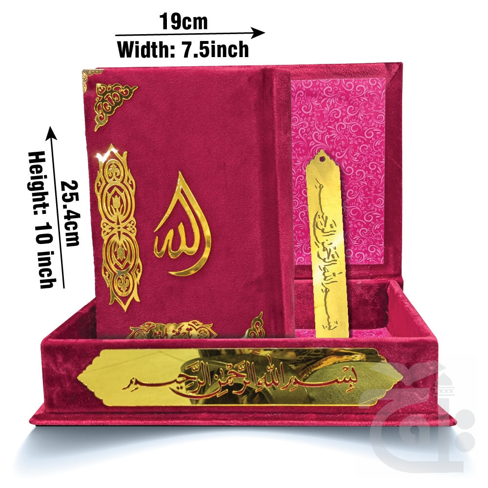 Title Image Red Velvet Quran with Special box and attar cap bookmark tasbih and counter 81KVJ1-Red